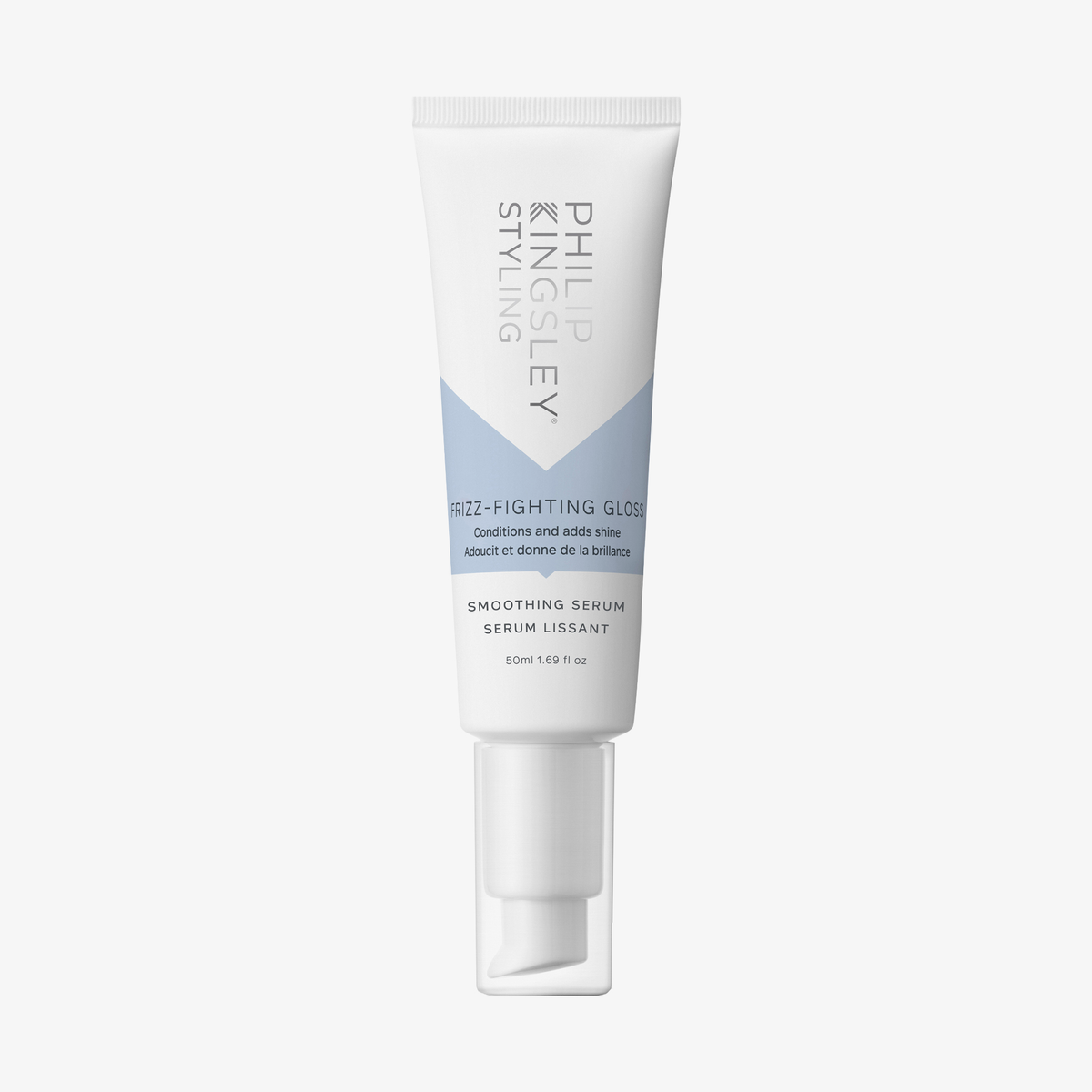 Eine Tube „Philip Kingsley Finishing Touch Frizz Fighting Gloss“ mit Pumpspender vor weißem Hintergrund.