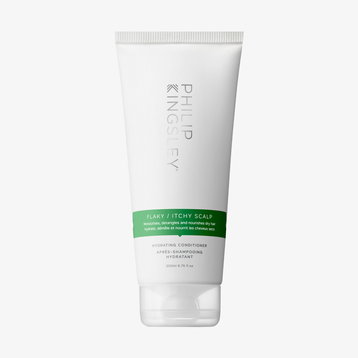 Eine weiße 200-ml-Tube „Philip Kingsley Flaky Itchy Scalp Conditioner“ mit einem grünen Etikettbereich.