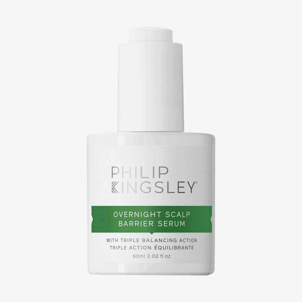 Eine 60-ml-Flasche „Philip Kingsley Overnight Scalp Barrier Serum“ in Weiß mit einem grünen Etikett auf weißem Hintergrund.