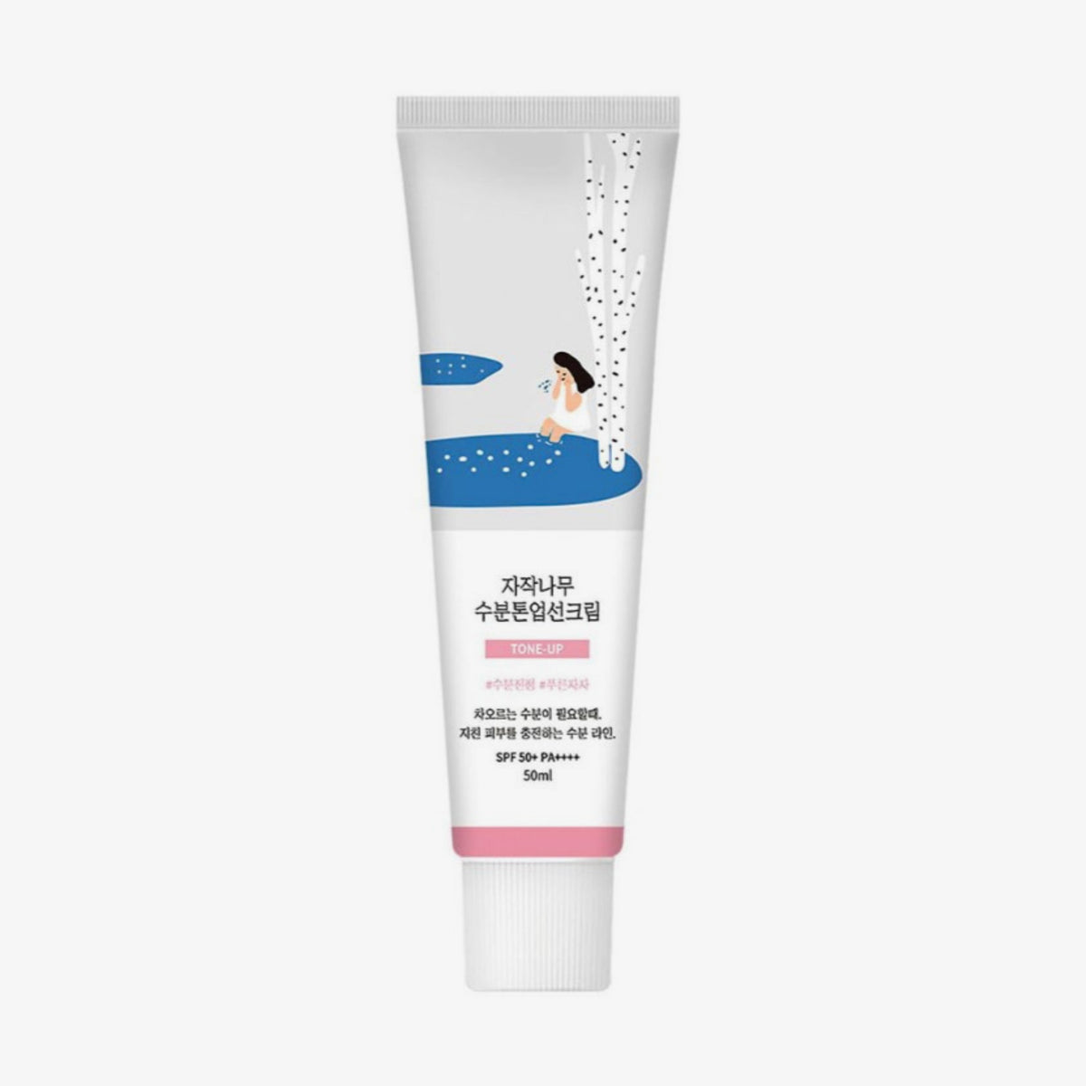 Weiße Tube Birch Juice Tone Up Sunscreen mit Grafik einer Frau neben Birken vor weißem Hintergrund.
