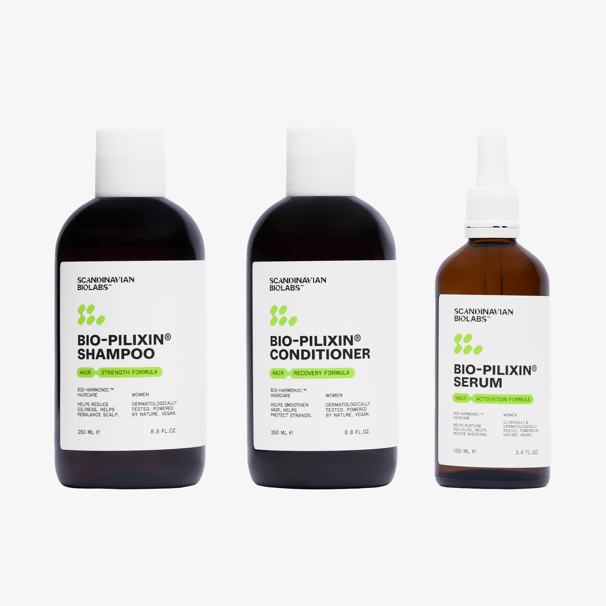 Die Scandinavian Biolabs Bio-Pilixin® Hair Activation Routine für Frauen, bestehend aus Shampoo, Spülung und Serum, ist auf einem weißen Hintergrund abgebildet.