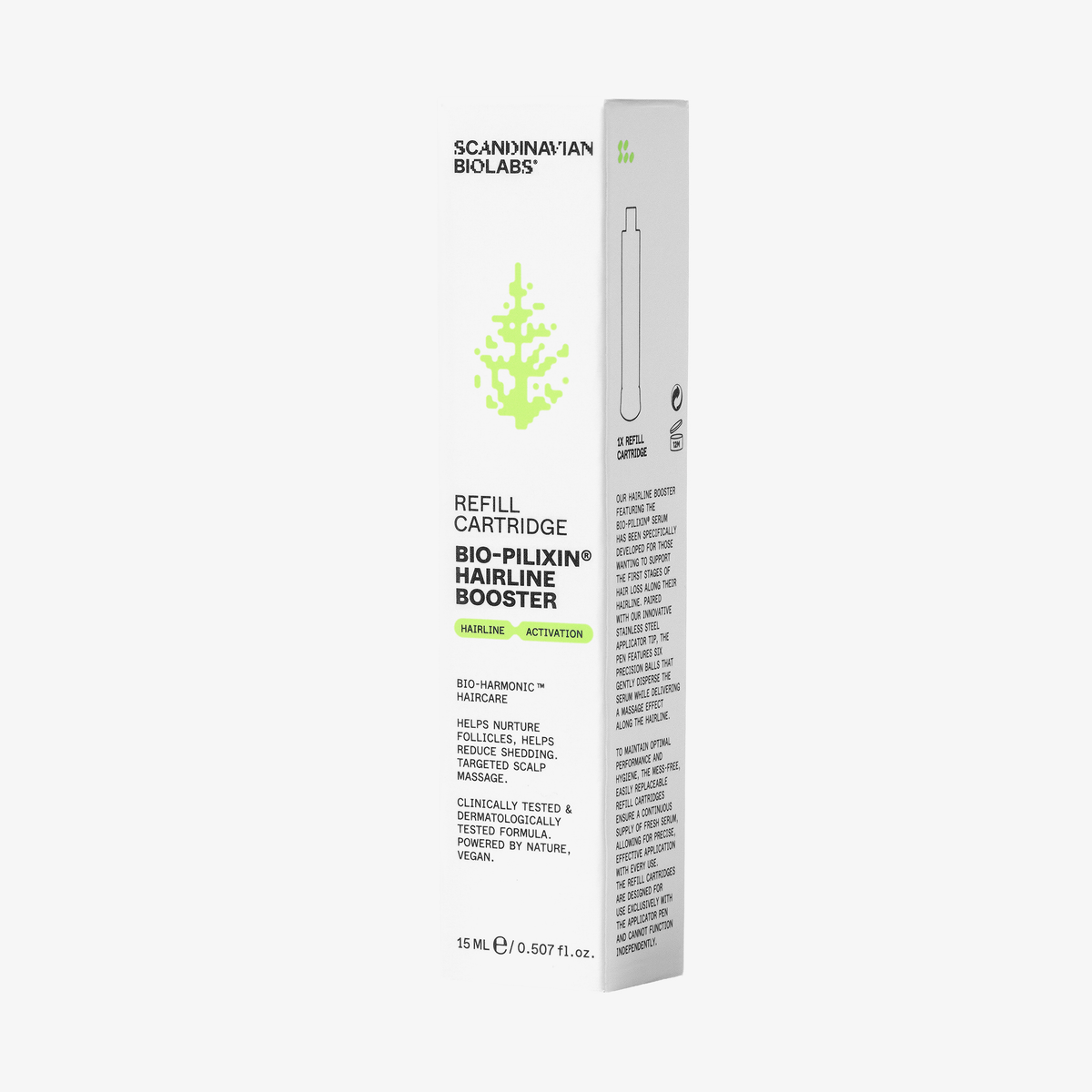 Eine weiße Schachtel mit Scandinavian Biolabs Bio-Pilixin® Nachfüllpatronen für Hairline Booster, 15 ml, steht aufrecht.
