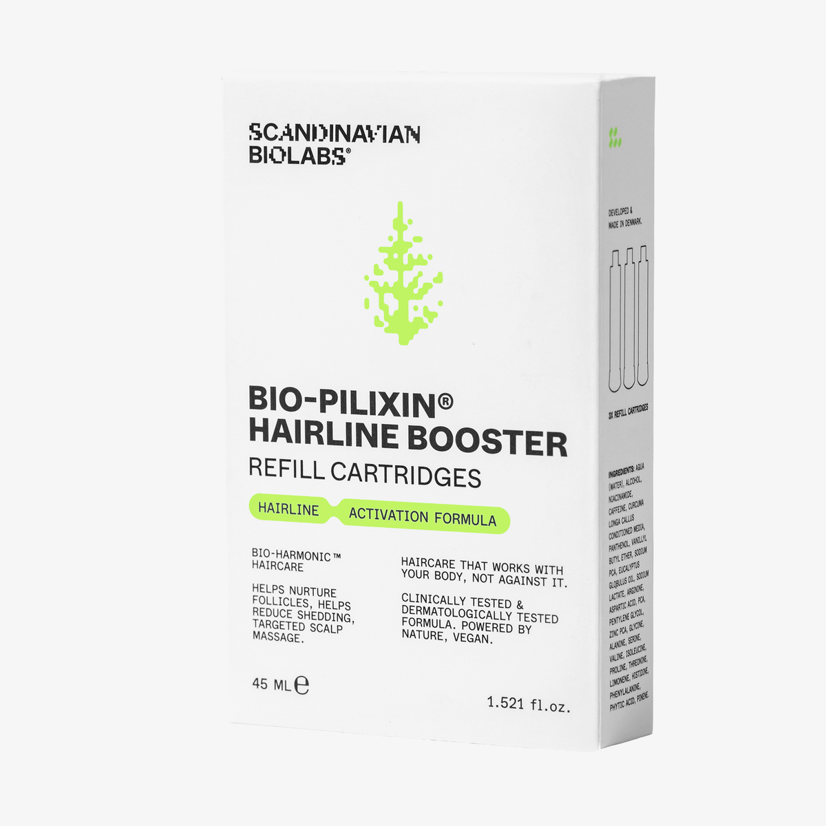 Weiße Schachtel mit Scandinavian Biolabs Bio-Pilixin® Refill Cartidges 3 Pack für den Hairline Booster, 45 mL, mit grünen Akzenten.