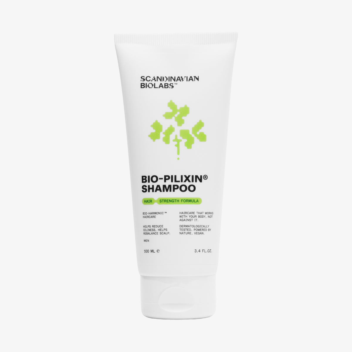 Eine weiße Tube Scandinavian Biolabs Bio-Pilixin® Shampoo+ Men mit grünem Text und einem Baummuster auf der Vorderseite.