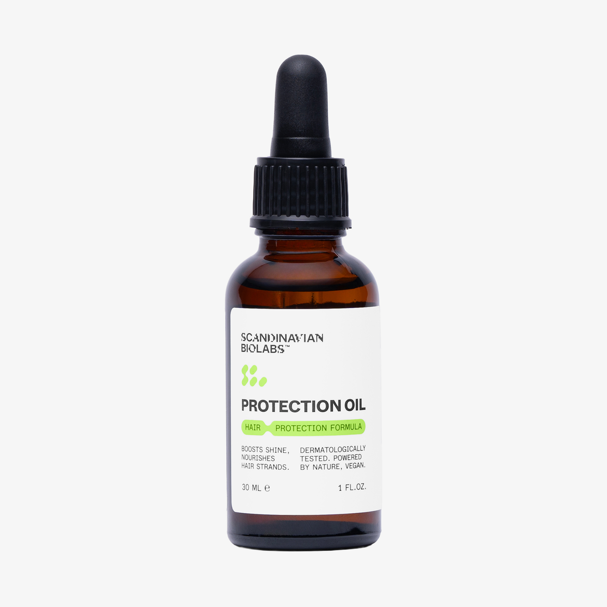 Eine braune Tropfflasche Hair Protection Oil von Scandinavian Biolabs ist vor einem weißen Hintergrund abgebildet.