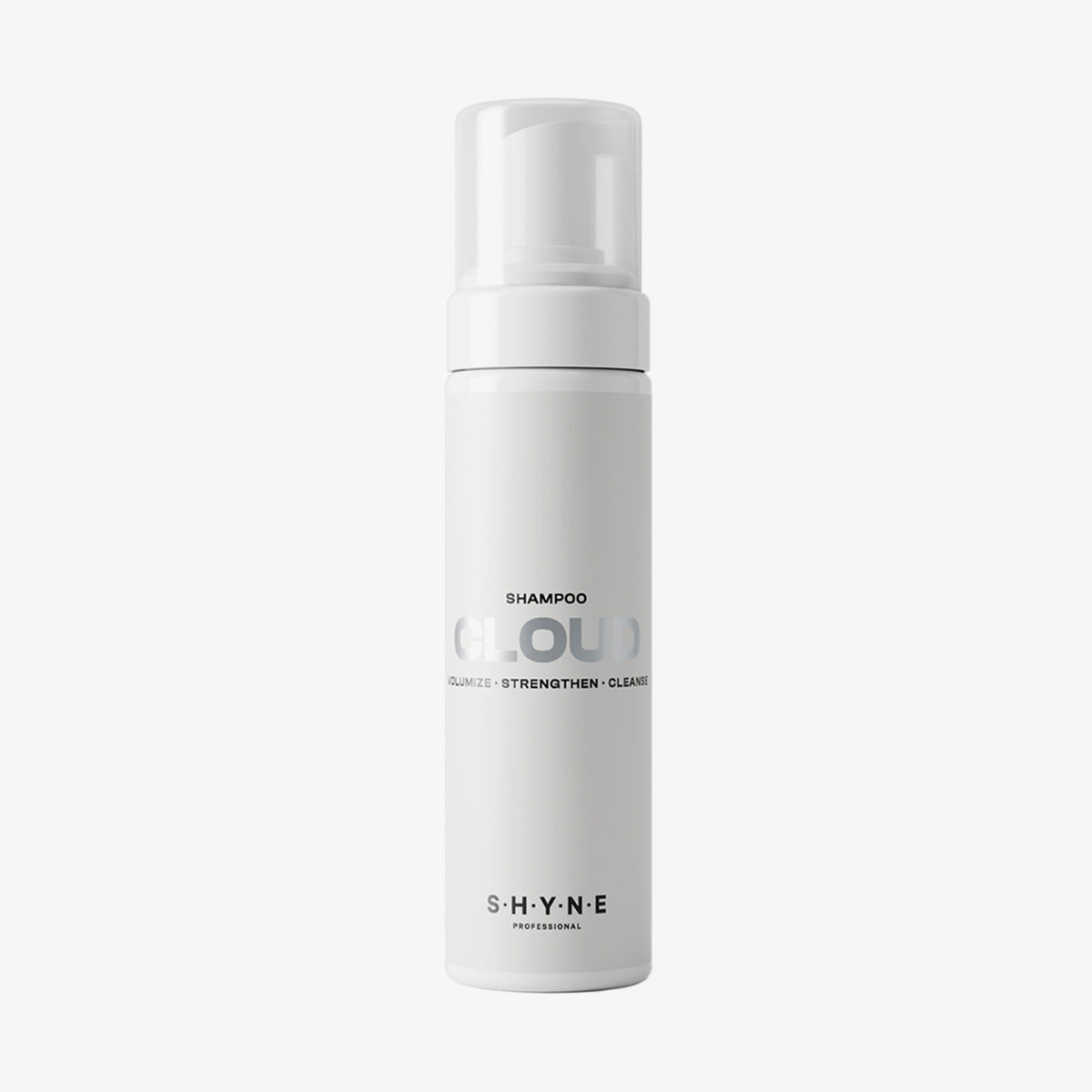 SHYNE Cloud Shampoo in einer weißen Flasche mit Schaumspender auf weißem Hintergrund.