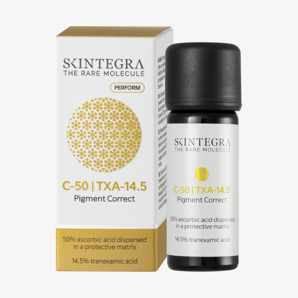Skintegra C-50 I TXA-14.5 Pigment Correct Serum mit gold-schwarz akzentuierter Flasche und Schachtel.