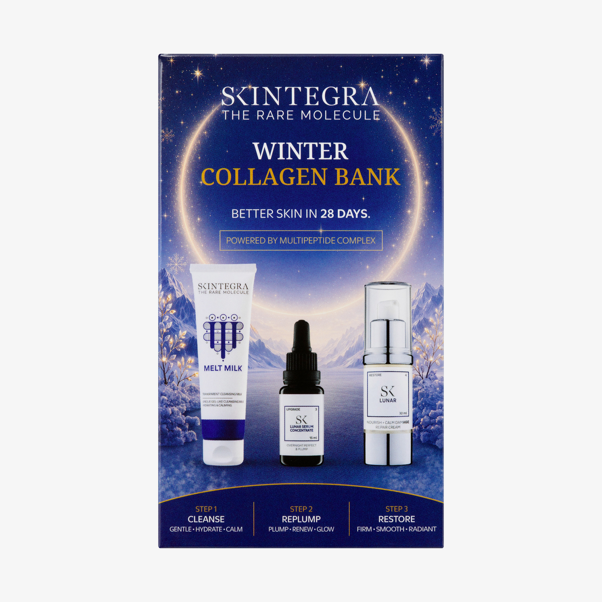 Ein Skintegra Winter Collagen Bank-Set, bestehend aus einer Reinigungsmilch, einem Serum und einer Regenerationscreme in einer Display-Verpackung.