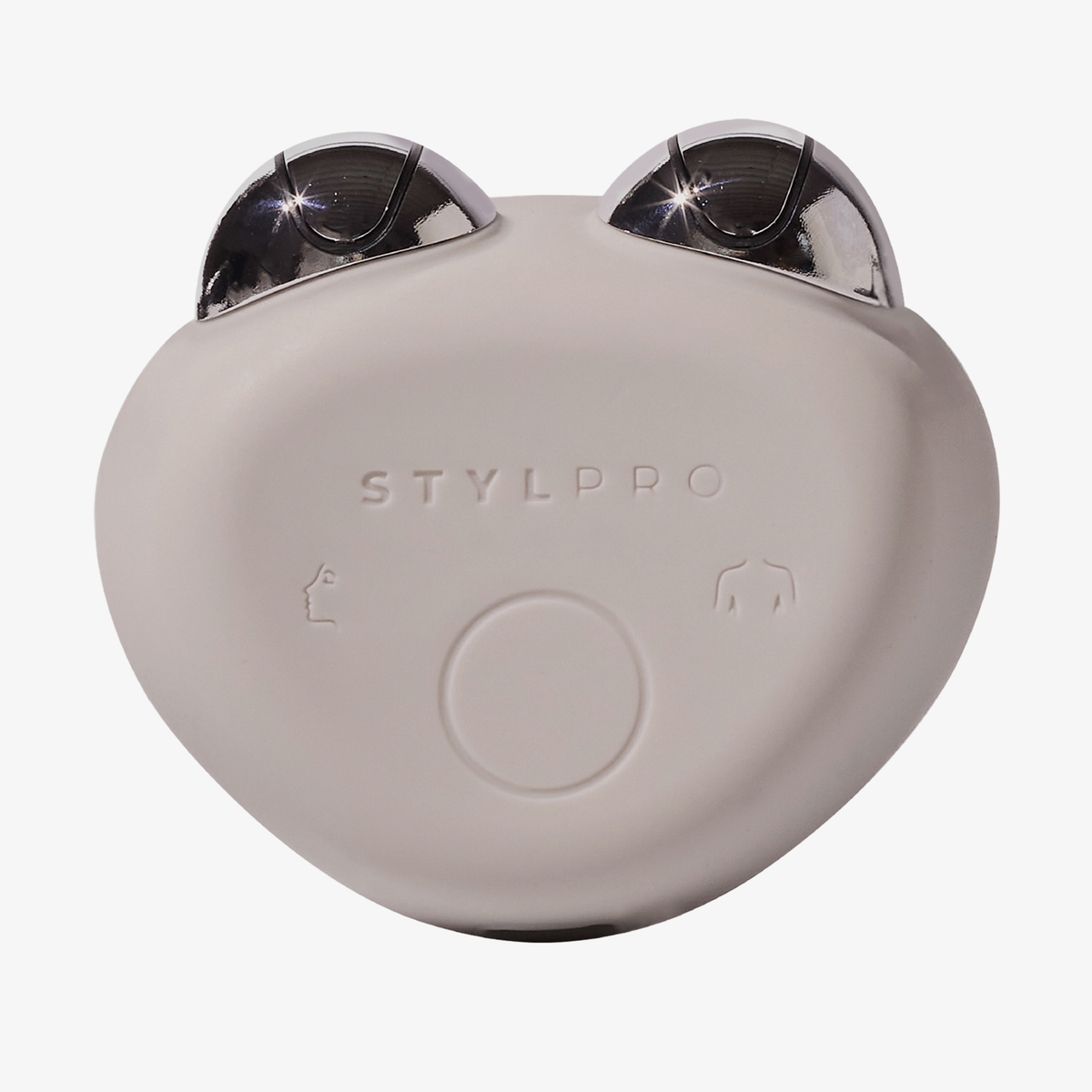 Das STYLPRO Body Bundle, ein weißes Hautpflegegerät mit zwei metallischen Rollen, von vorne auf einem einfarbigen Hintergrund abgebildet.