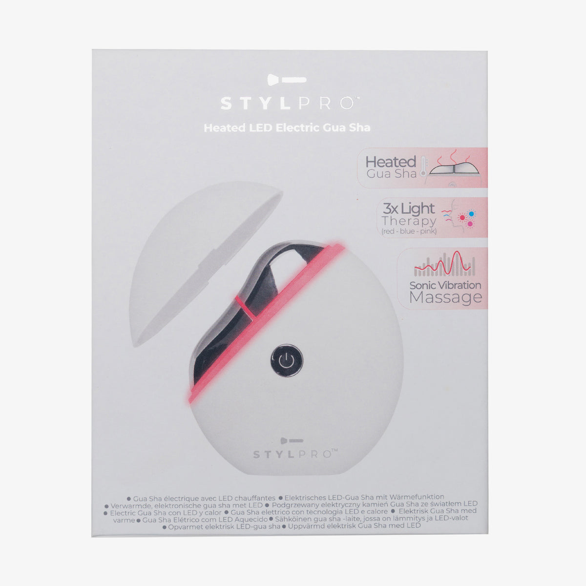 Der STYLPRO Gua Sha wird in einer weißen Verpackung geliefert und verfügt über Lichttherapie- und Vibrationsmassagefunktionen.
