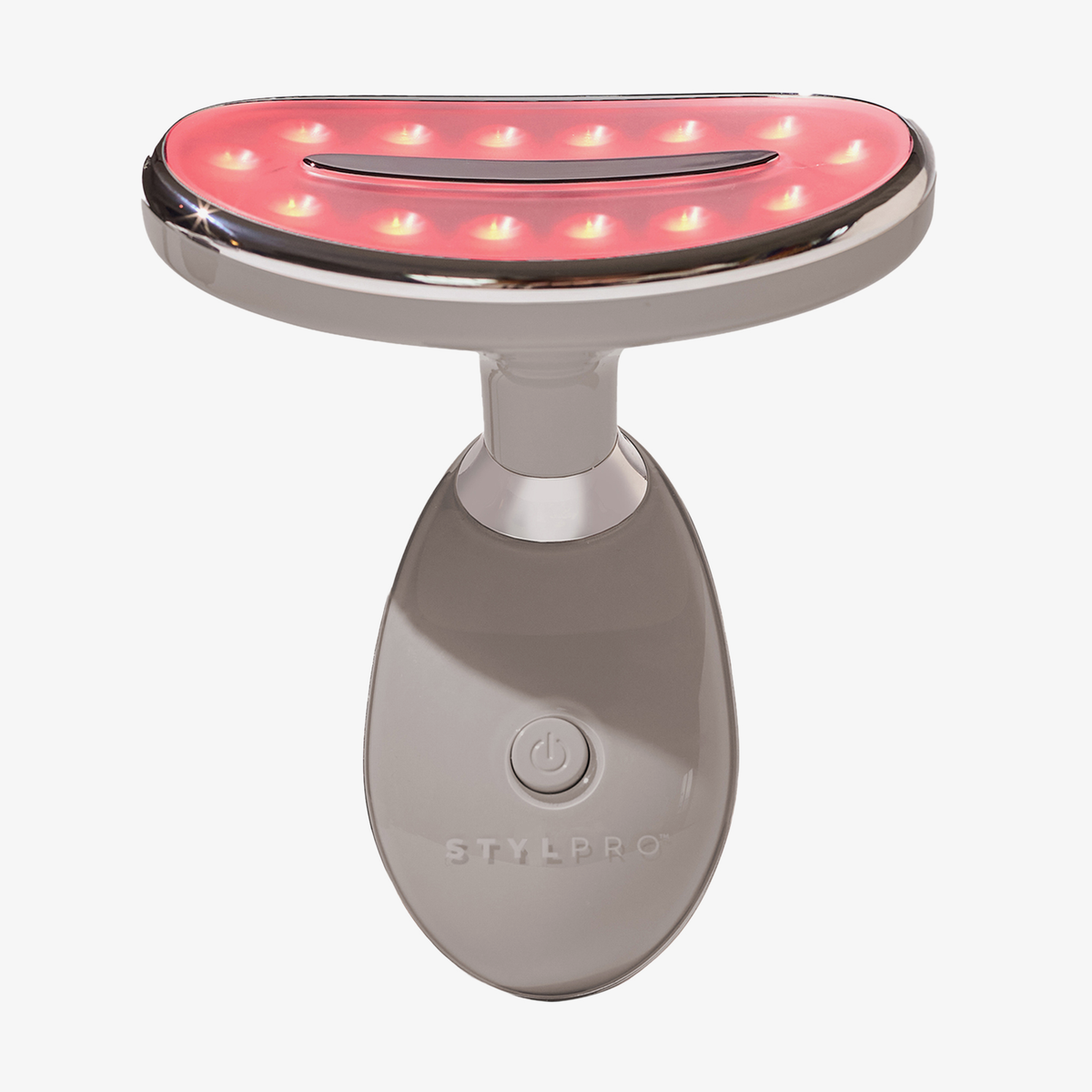 Das STYLPRO Body Bundle-Handgerät verfügt über leuchtend rote LED-Anzeigen und einen Einschaltknopf am Griff.