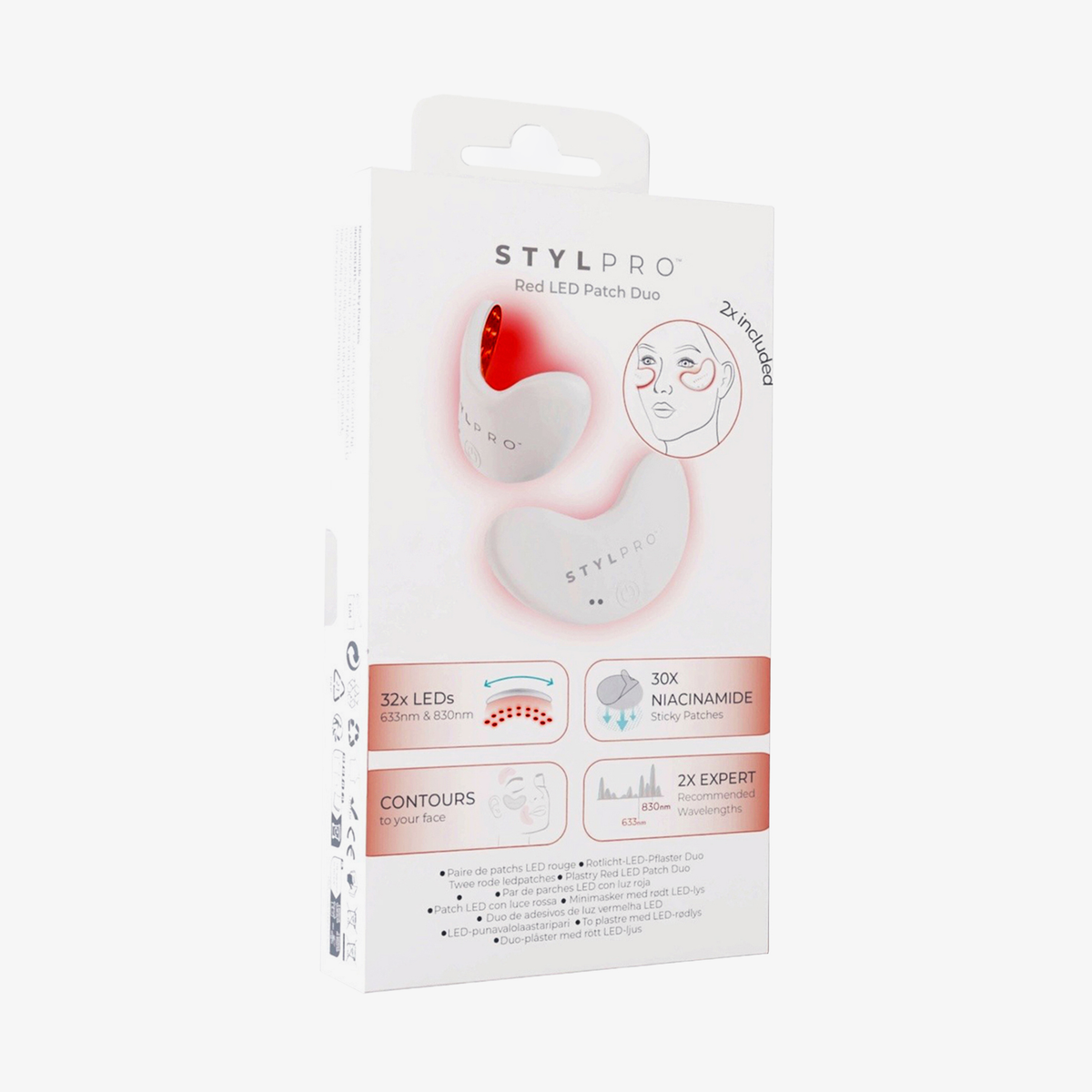 Auf der weißen Verpackung des STYLPRO LED Patch Duo sind zwei rote Lichtfelder sowie Produktinformationen auf der Vorderseite abgebildet.