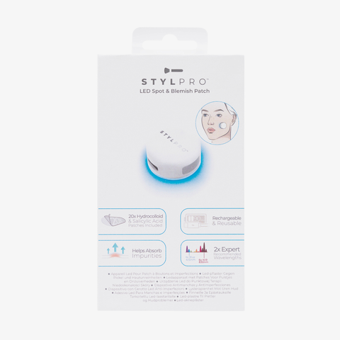 Die STYLPRO LED Spot & Blemish Patch-Verpackung in Weiß enthält Abbildungen auf der Vorderseite und detaillierte Produktinformationen.