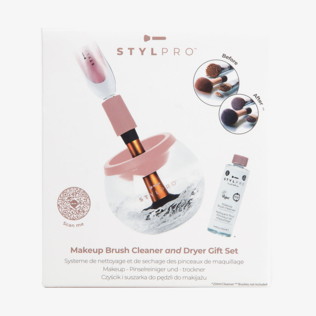 STYLPRO Makeup Brush Cleaner and Dryer Gift Set mit Reinigungsflüssigkeit und Glasbowl auf weißer Verpackung.