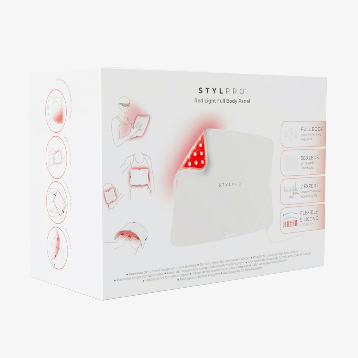 Weiße Schachtel für das STYLPRO Rotlicht-Ganzkörperpaneel, mit Produktabbildung und Funktionssymbolen auf der Verpackung.