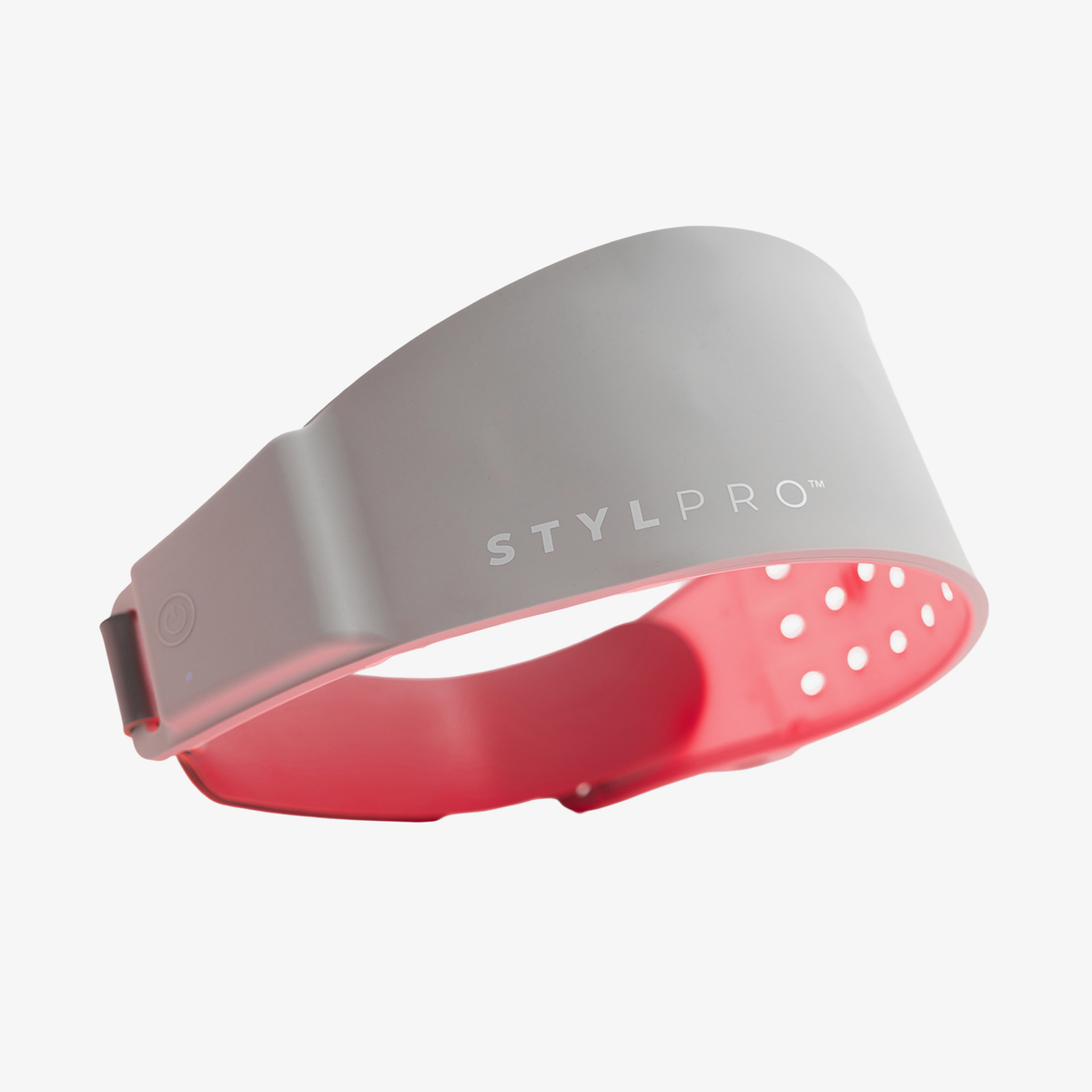 STYLPRO LED-Stirnband mit Rotlicht, ein hellgraues tragbares Gerät mit rosa Innenseite.