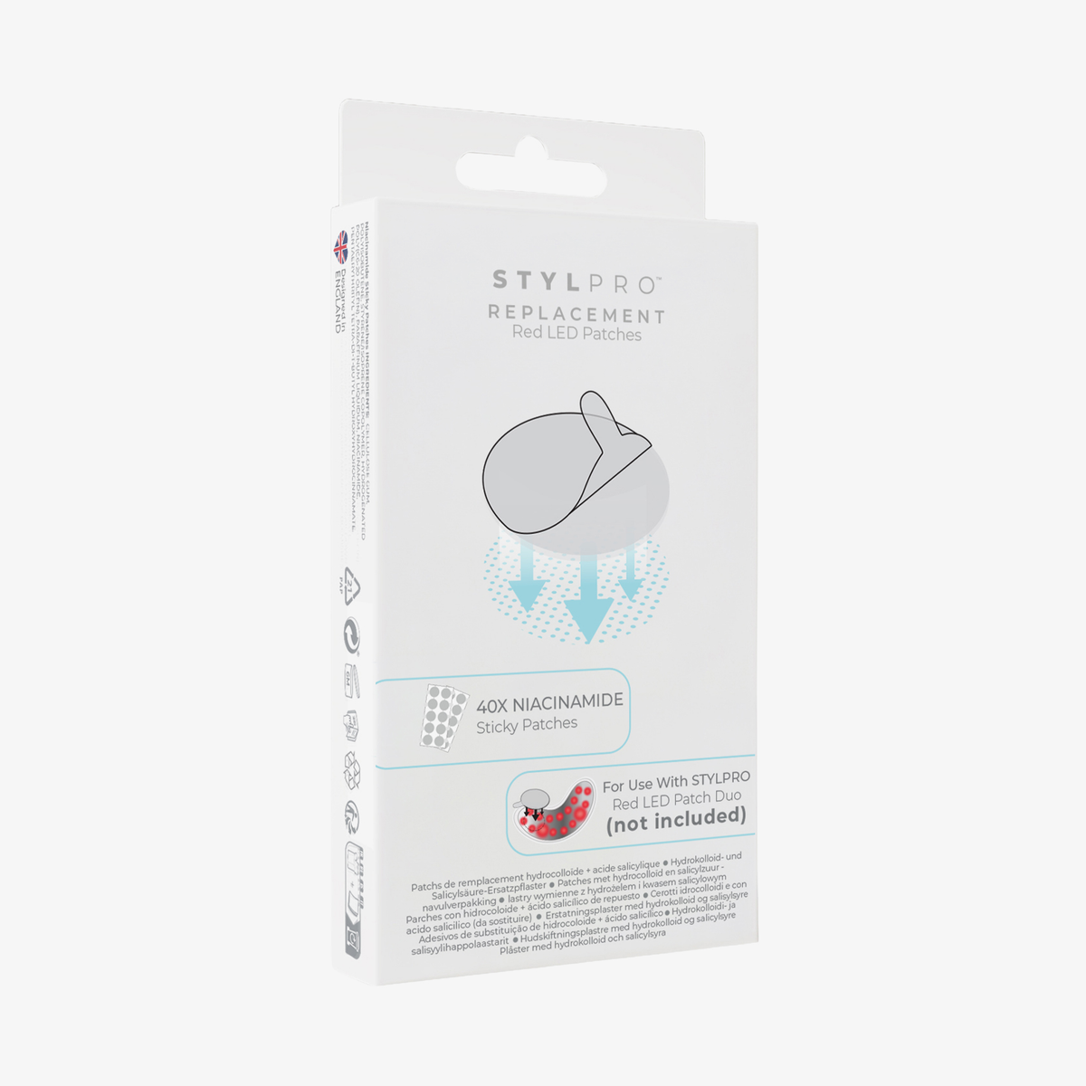 Weiße Schachtel mit roten STYLPRO-Ersatz-LED-Patches mit Patch-Abbildung, blauem Text und grauen Produktangaben.
