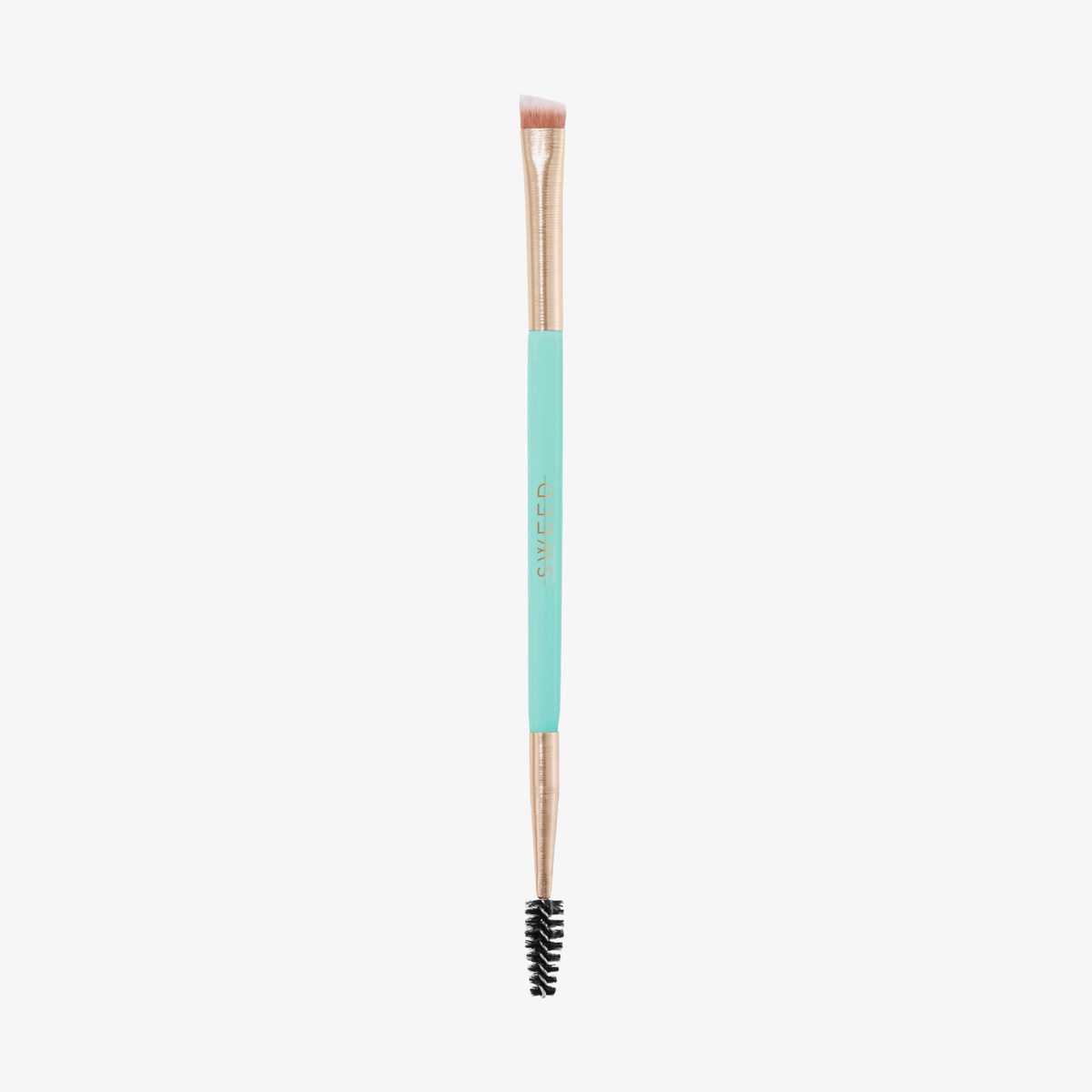 SWEED 08 Duo Brow & Liner Brush: doppelseitig mit abgewinkeltem Pinsel und Spoolie, türkisfarbener Griff.
