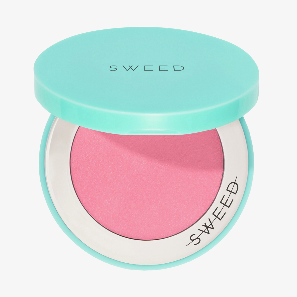 Eine türkisfarbene SWEED-Kosmetiktasche mit der Aufschrift „Air Blush Cream“ enthält ein leuchtend rosa Rouge, wobei der Deckel teilweise geöffnet ist.