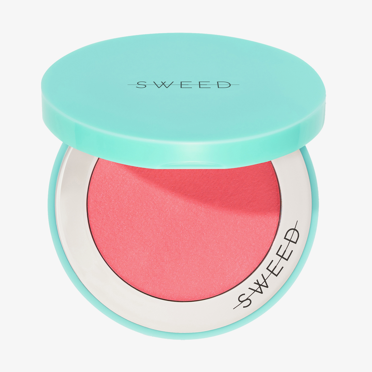 Eine türkisfarbene Puderdose mit der Aufschrift „SWEED“ enthält die „Air Blush Cream“ mit einem leuchtend rosa Rouge.