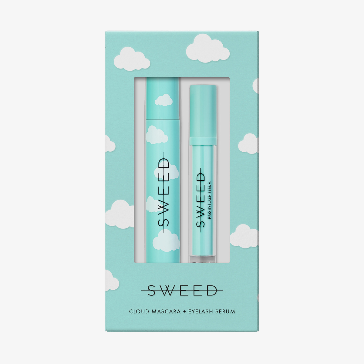 SWEED Cloud Mascara + Wimpernwachstumsserum 3 ml in einer blauen Verpackung mit Wolkenmotiv und weißen Wolken.