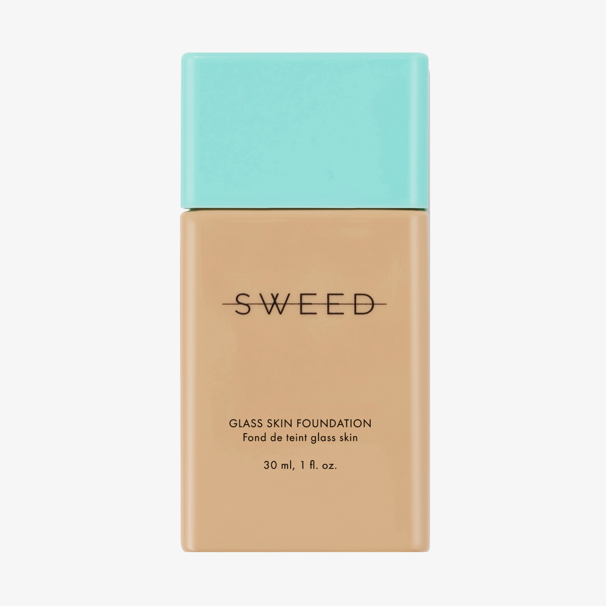 Ein beiger SWEED Glass Skin Foundation-Flakon mit blauem Verschluss, beschriftet mit 30 ml, 1 fl. oz.