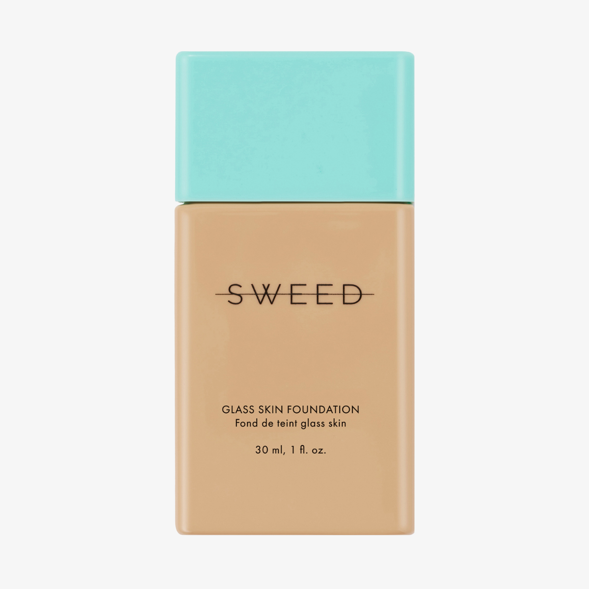 SWEED Glass Skin Foundation, 30 ml (1 fl. oz.), beigefarbene Flasche mit türkisfarbenem Verschluss.