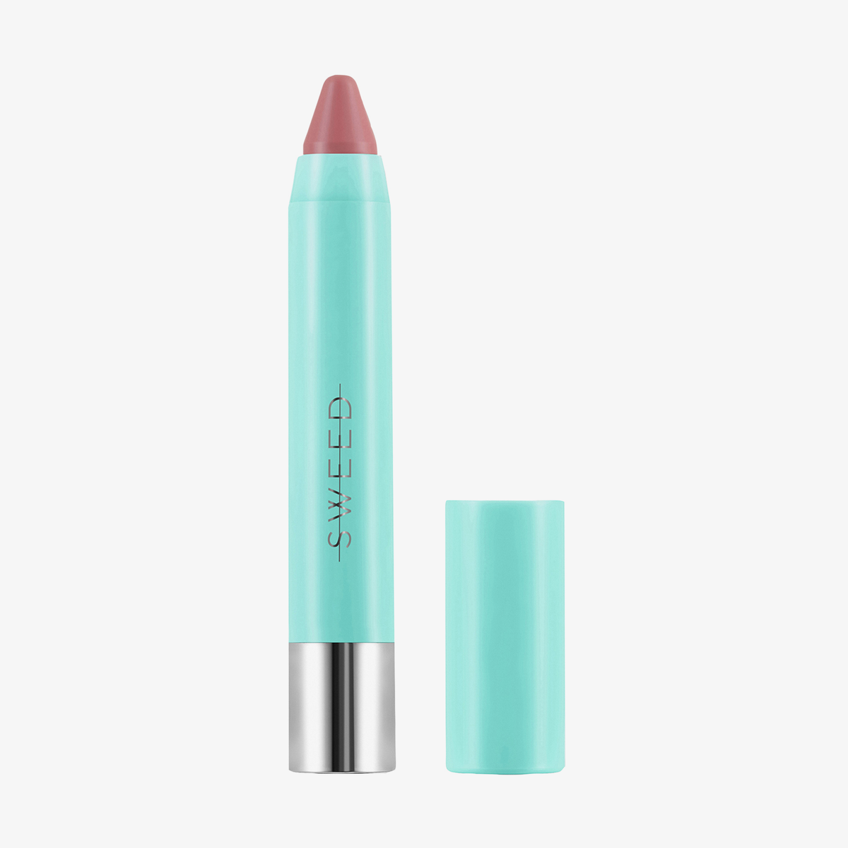 Ein türkisfarbener SWEED Le Lipstick-Stift mit silbernem Sockel und der dazu passenden Kappe daneben.