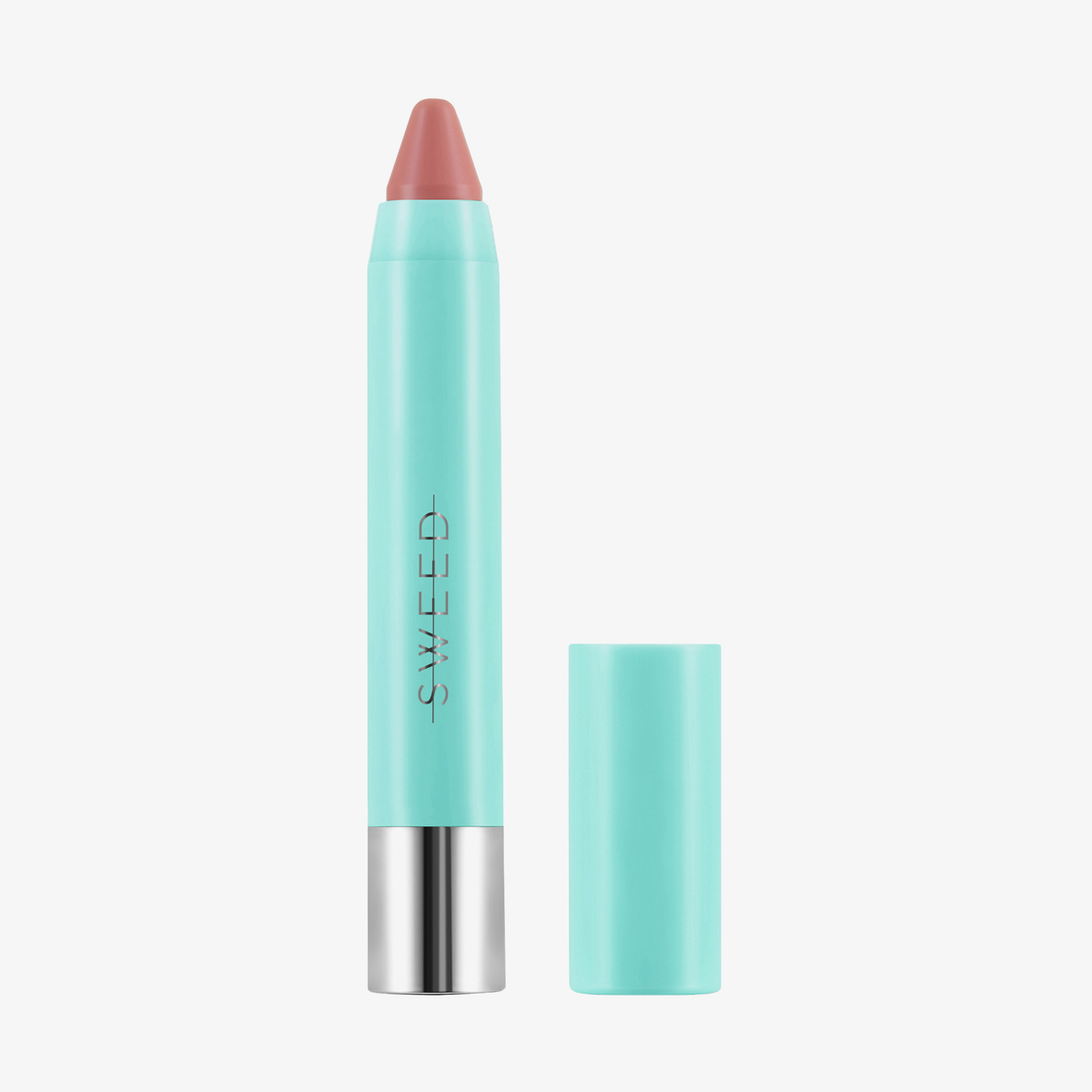Ein türkisfarbener „Le Lipstick“ von SWEED mit silbernem Sockel und passender Kappe, auf der der Markenname SWEED zu sehen ist.