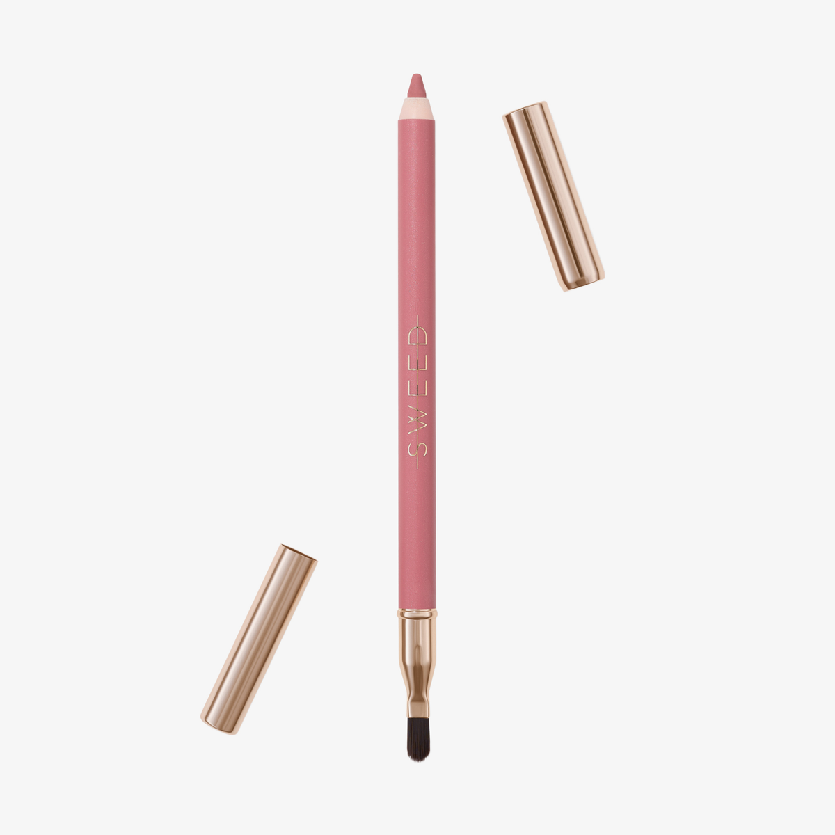 SWEED Lipliner: Rosa Stift mit Pinsel, dargestellt mit zwei goldenen Kappen auf weißem Hintergrund.
