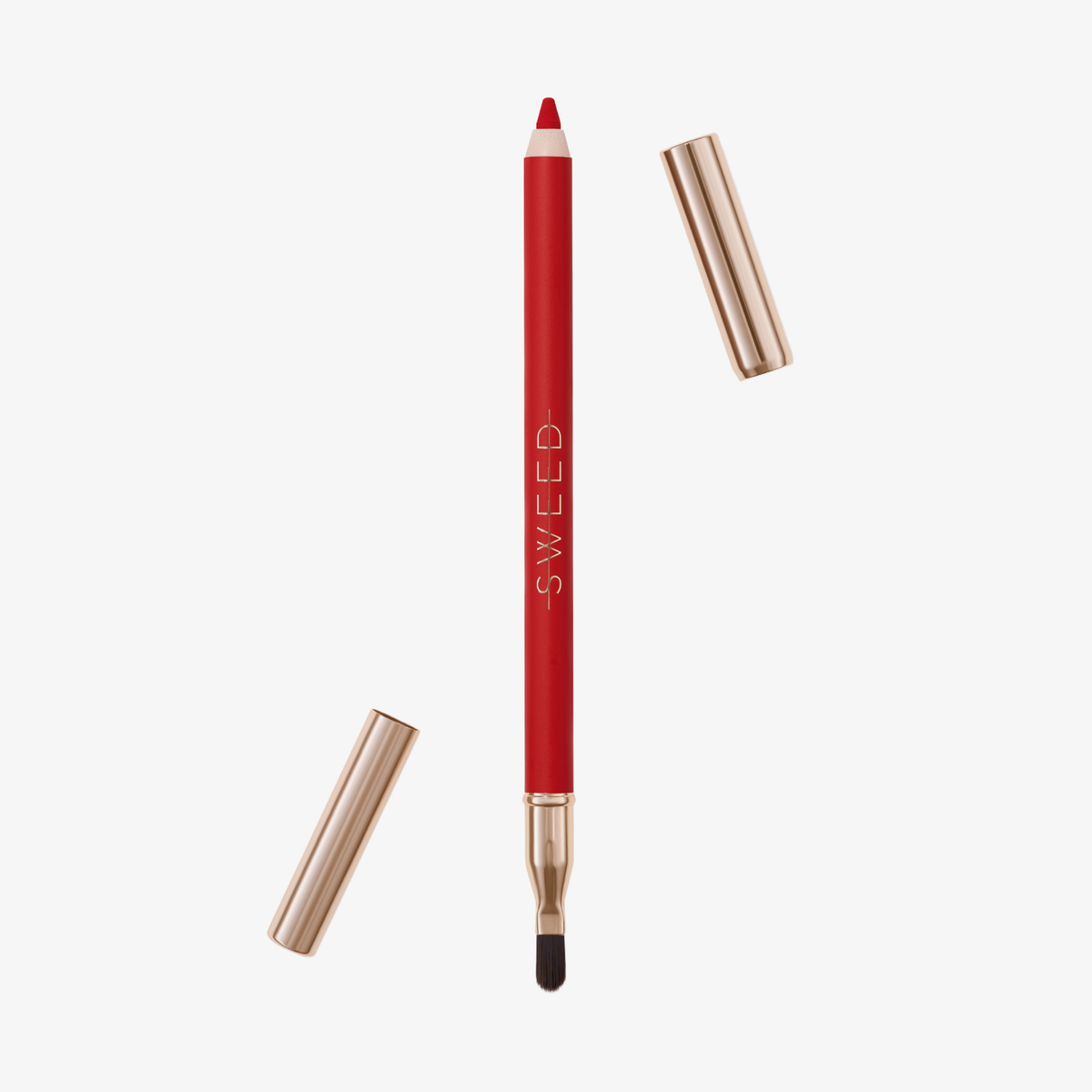 SWEED Lip Liner: Ein roter Stift mit zwei Enden und goldenen Kappen, der an einem Ende einen Liner und am anderen Ende einen Pinsel aufweist.