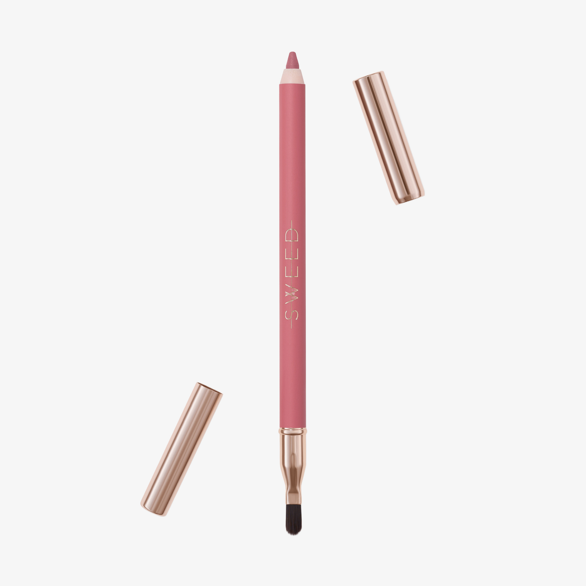 Ein rosa SWEED-Lippenkonturenstift mit einem Pinsel an einem Ende, Verschlusskappen an beiden Enden und dem SWEED-Logo an der Seite.