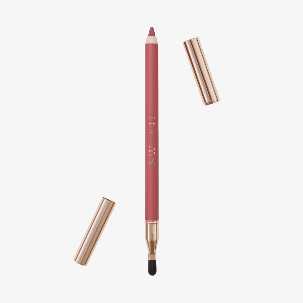 SWEED Lippenkonturenstift in Rosa mit goldenen Kappen an beiden Enden, von denen eine abgenommen wurde, sodass die Pinselspitze zum Vorschein kommt.