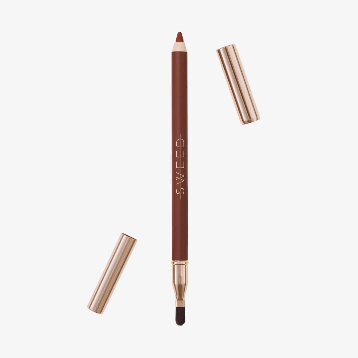 SWEED Lipliner: braun, mit zwei Spitzen und goldenen Kappen (eine davon liegt daneben), präsentiert auf weißem Hintergrund.