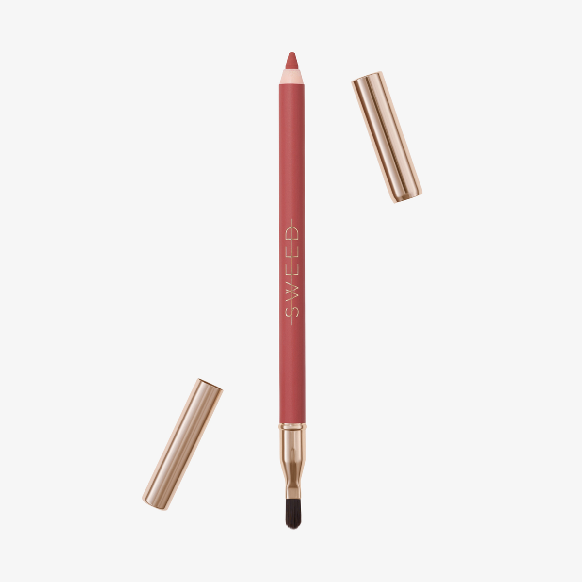 Ein SWEED-Lippenkonturenstift in Rosa mit goldenen Kappen an beiden Enden, von denen eine abgenommen wurde, um die Pinselspitze zu zeigen.