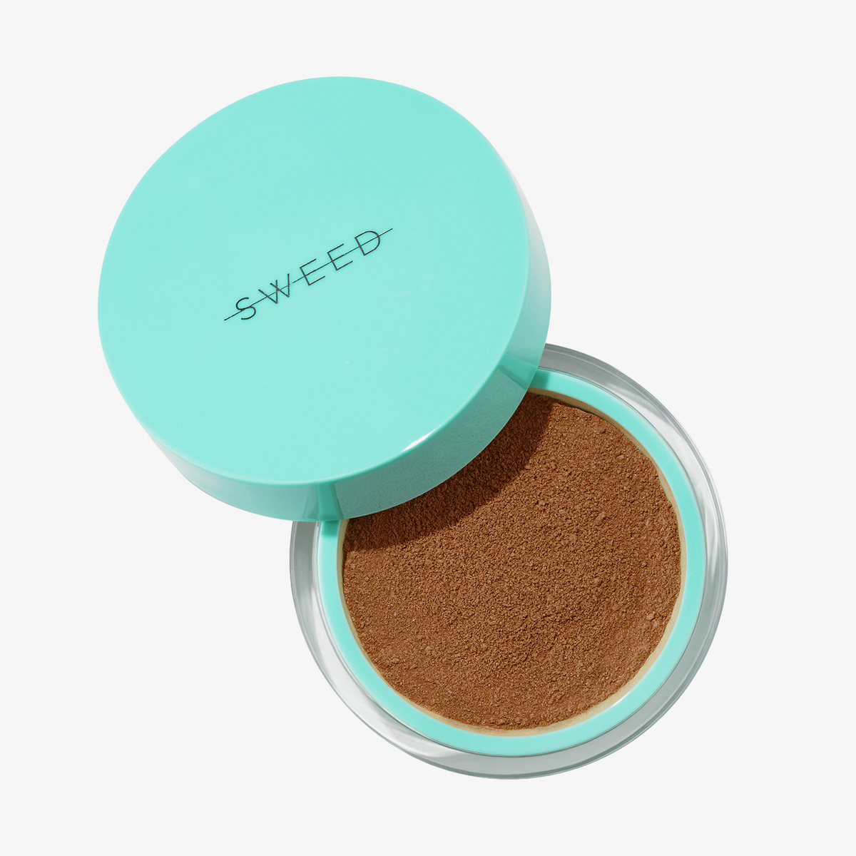 SWEED Miracle Powder Mini: braune Pudergrundierung in einer Puderdose mit türkisfarbenem Deckel, abgebildet auf weißem Hintergrund.