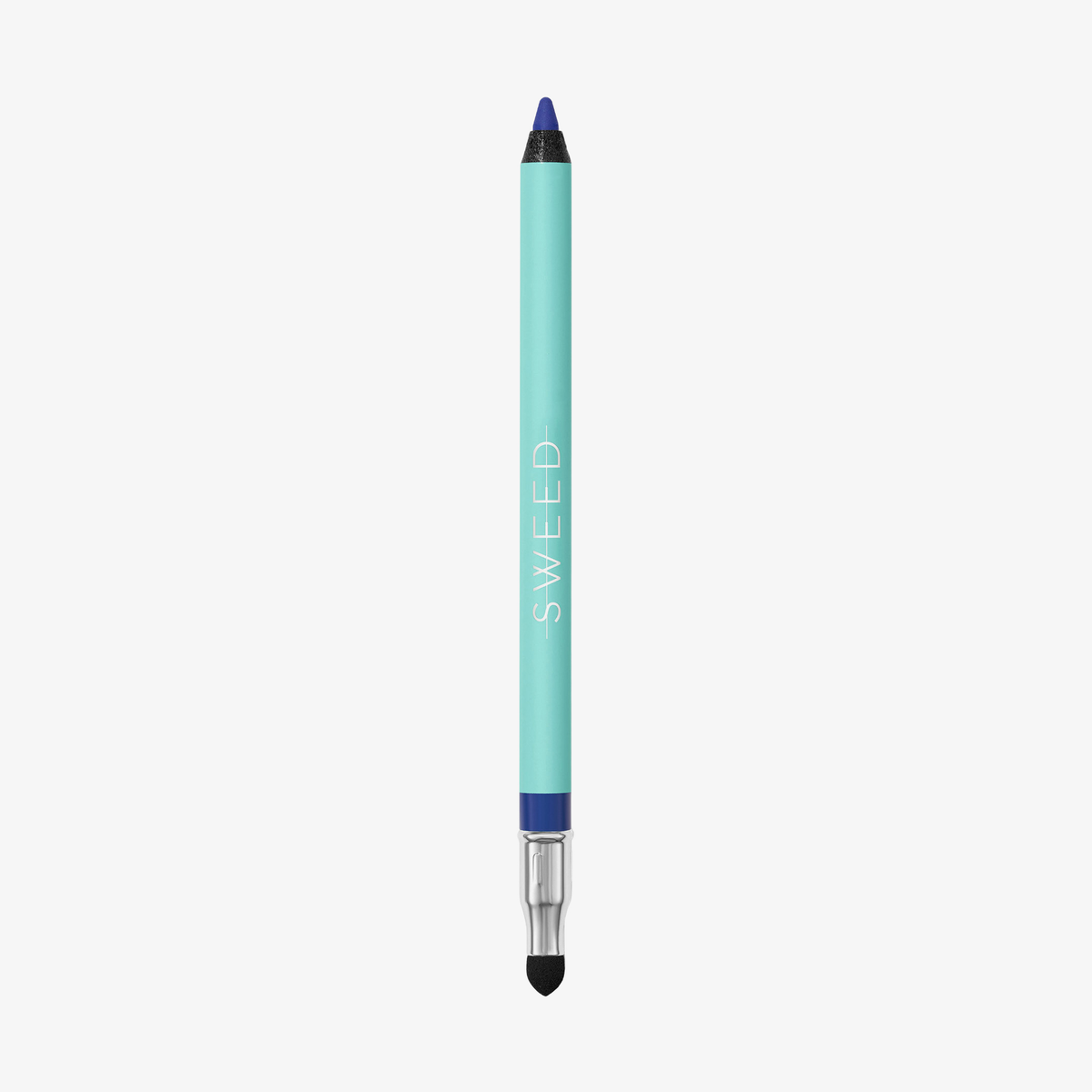 SWEED Satin Eyeliner: ein türkisfarbener Stift mit blauer Spitze, einem Verwischkopf und vertikalem SWEED-Logo.