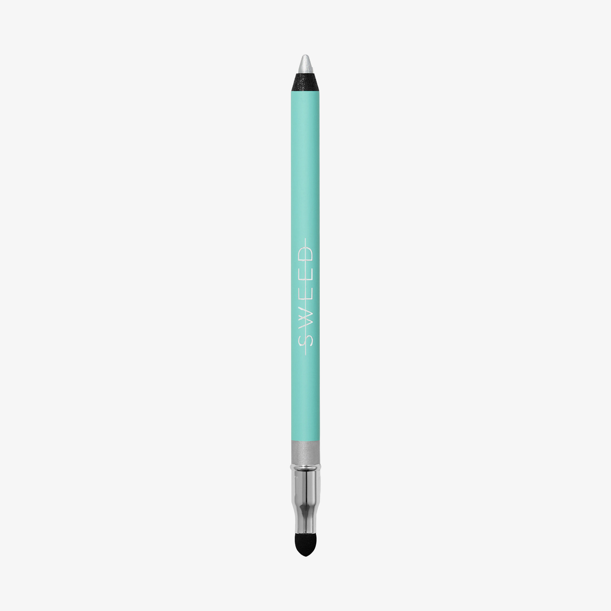 SWEED Satin-Eyeliner in Türkis, mit schwarzer Spitze, an einem Ende mit einem Verwischstift und vertikalem SWEED-Logo.