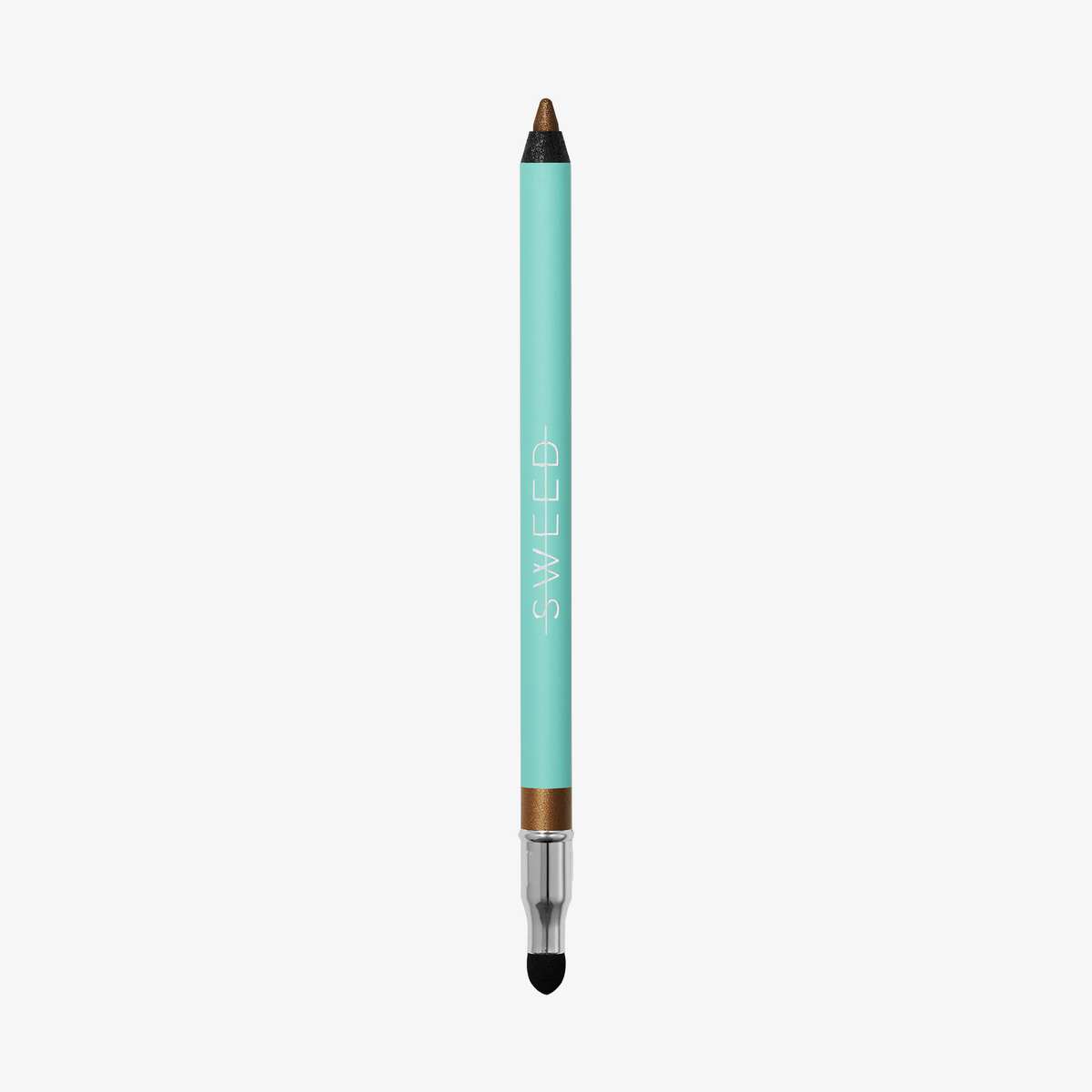 SWEED Satin Eyeliner: ein türkisfarbener Stift mit schwarzer Spitze und Schwämmchen zum Verwischen, beidseitig verwendbar für vielseitige Augen-Looks.