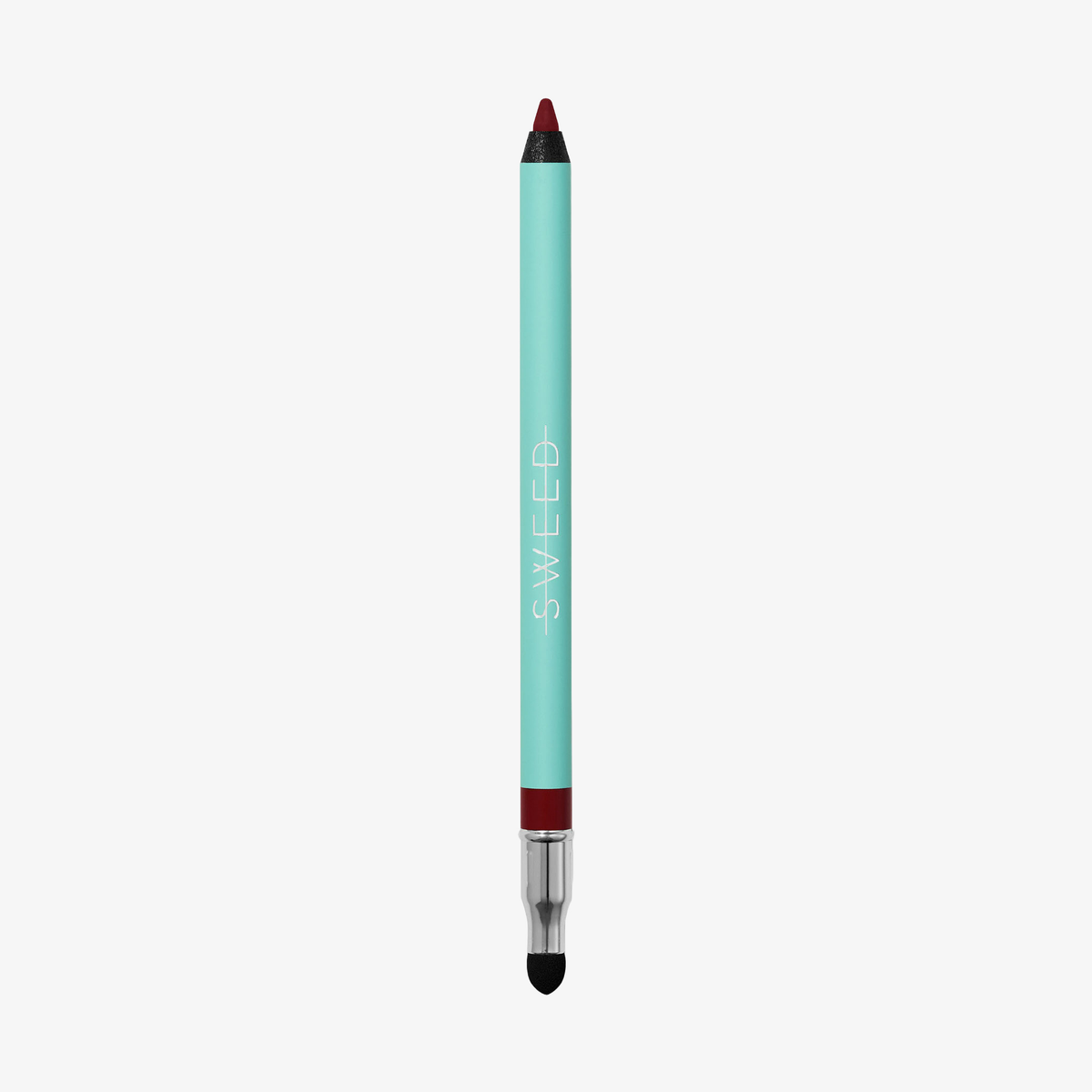 Der SWEED Satin Eyeliner besteht aus einem türkisfarbenen Stift mit roter Spitze und einem Verblendwerkzeug, das vertikal beschriftet ist.