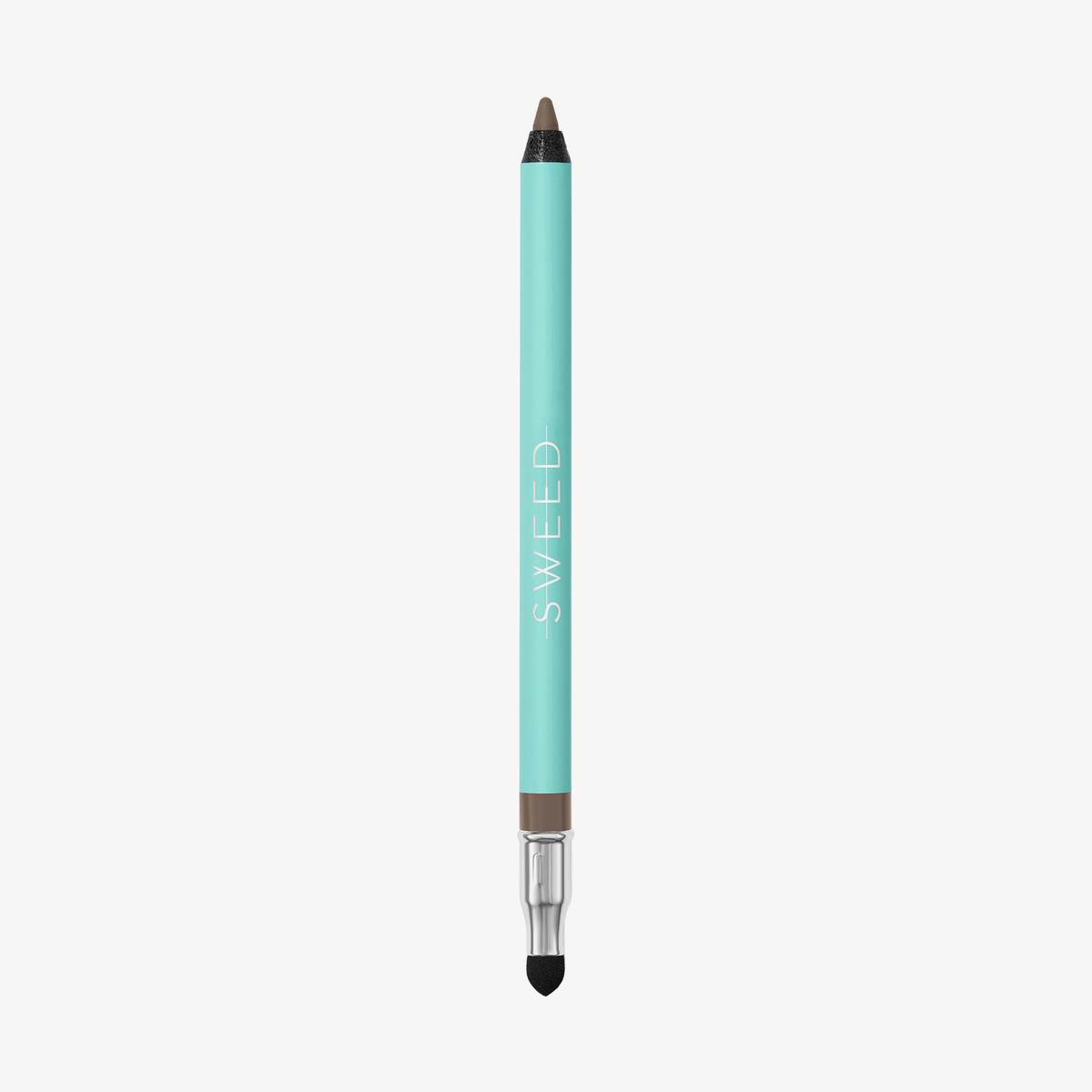 Ein türkisfarbener SWEED Satin Eyeliner-Stift mit brauner Spitze und Verwischspitze, präsentiert vor weißem Hintergrund.