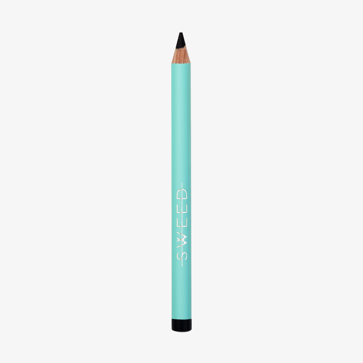 Ein türkisfarbener SWEED Satin Kohl Eye Pencil mit schwarzer Spitze, abgebildet vor weißem Hintergrund.