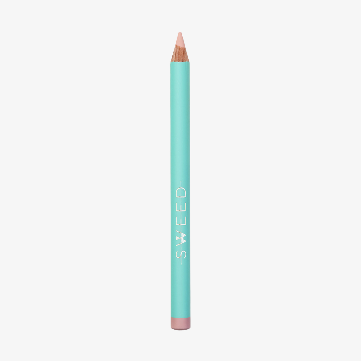 Ein türkisfarbener SWEED Satin Kohl Eye Pencil mit einer nudefarbenen Spitze und dem vertikal auf der Seite aufgedruckten Schriftzug „SWEEP“.