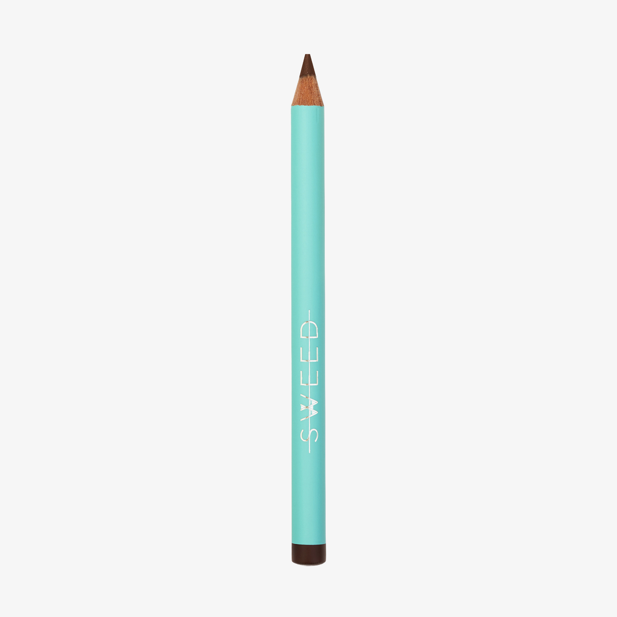 Ein türkisfarbener SWEED Satin Kohl Eye Pencil mit brauner Spitze steht aufrecht auf einem weißen Hintergrund.