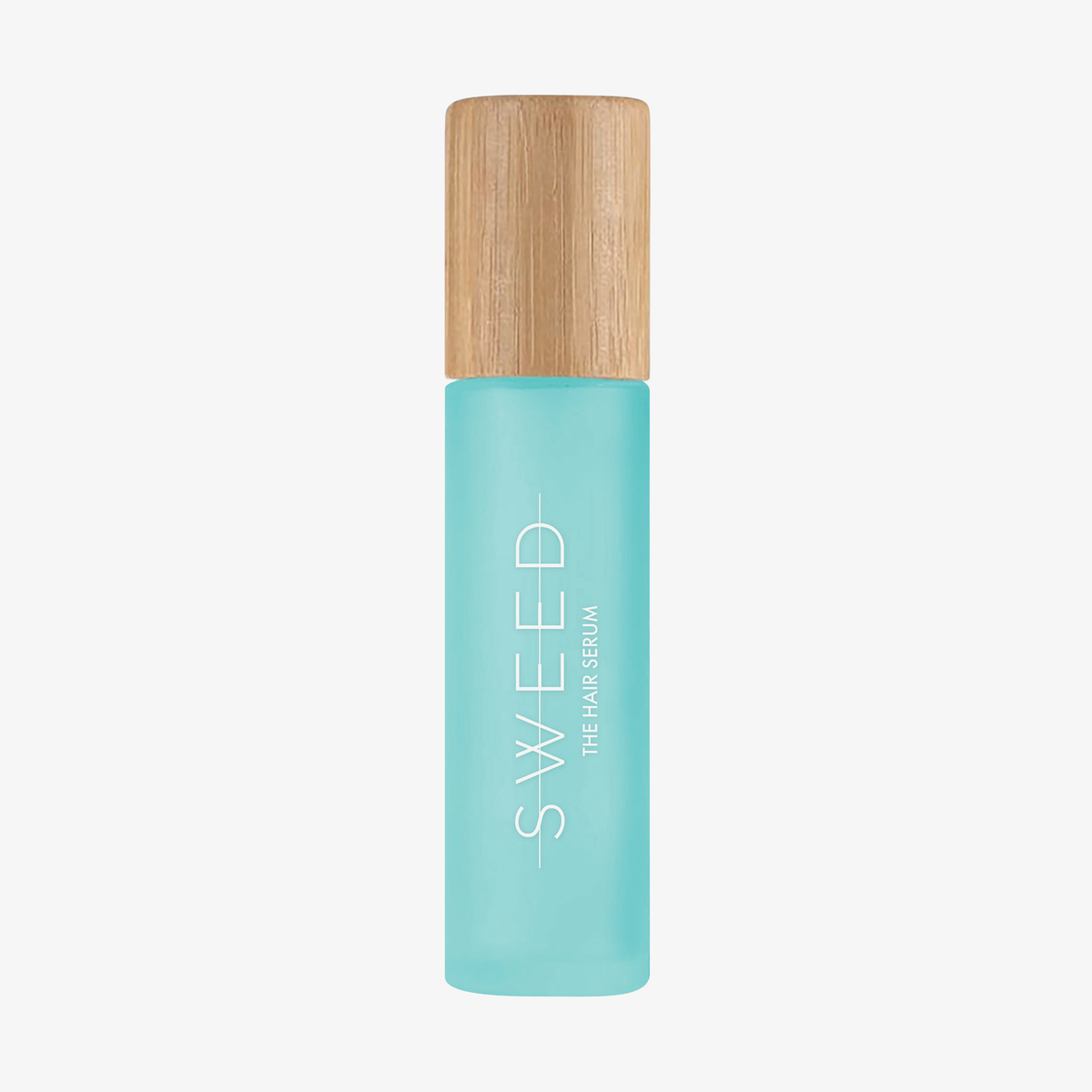 Eine türkisfarbene SWEED The Hair Serum-Flasche mit einem Holzverschluss, präsentiert vor einem schlichten weißen Hintergrund.