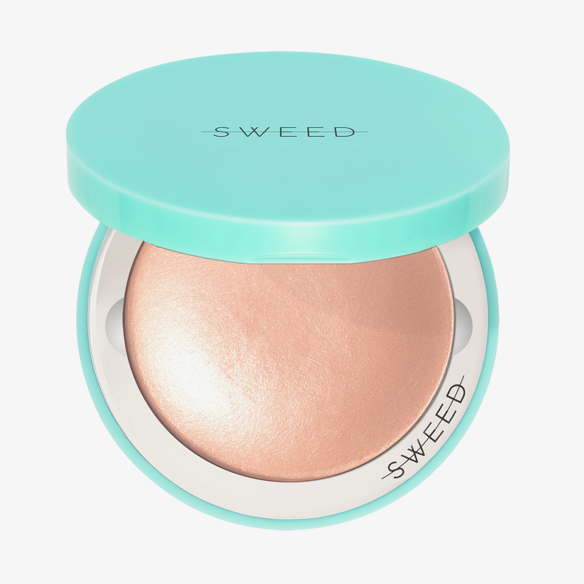 In einer Puderdose mit türkisfarbenem Deckel und der Aufschrift „SWEED“ befindet sich „The Highlighter“, ein schimmerndes gepresstes Puder.