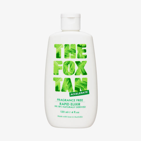 Weiße Flasche des Fox Tan Rapid Elixir Fragrance Free mit grünem Logo auf weißem Untergrund.