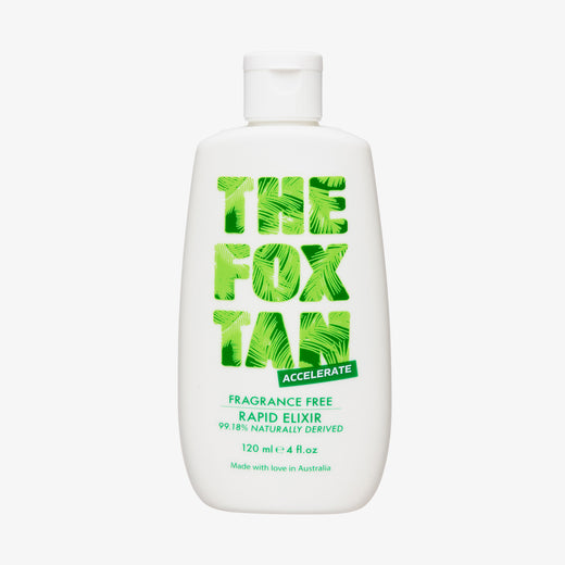 Weiße Flasche des Fox Tan Rapid Elixir Fragrance Free mit grünem Logo auf weißem Untergrund.
