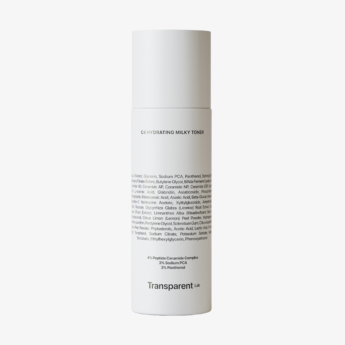 Weiße Flasche Transparent Lab C4 Hydrating Milky Toner mit Inhaltsstoffliste auf der Vorderseite.