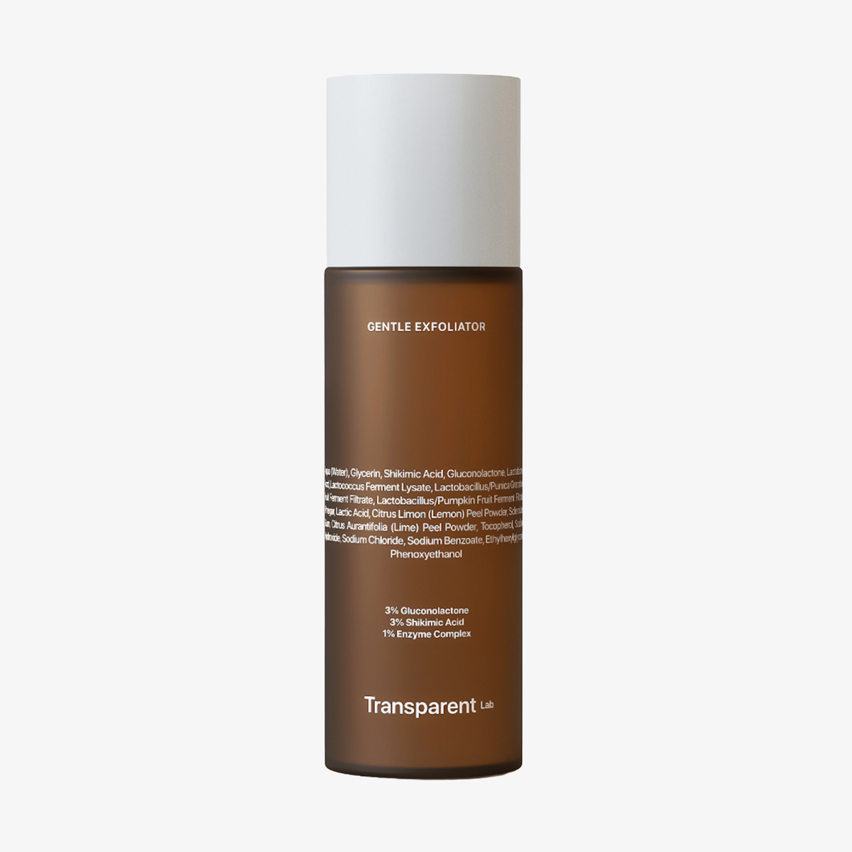 Transparent Lab Gentle Exfoliator - eine braune Flasche mit weißer Schrift und einer dunklen Kappe.